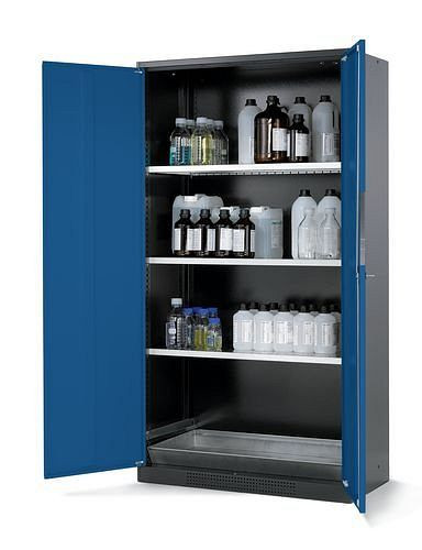 asecos Chemikalienschrank Systema CS-103, Korpus anthrazit, blau, 3 Einlegeböden und Bodenwanne, 202609