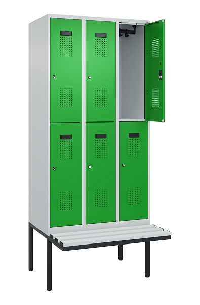 C+P Doppelstock-Spind Evolo PLUS, Bank, 6 Fächer, 2120x900x815mm, 7035/6037, Zylinderschloss, Sitzfläche Kunststoff, 0493407-30 S10119