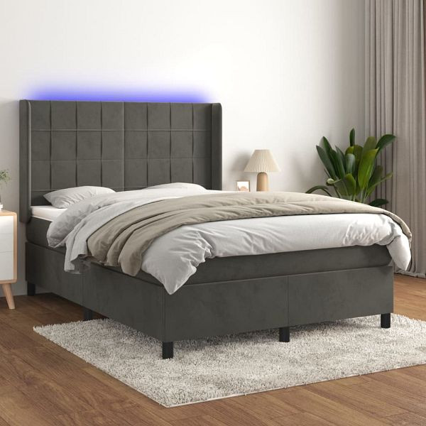 vidaXL Boxspringbett mit Matratze & LED Dunkelgrau 140x200 cm Samt, 3139566