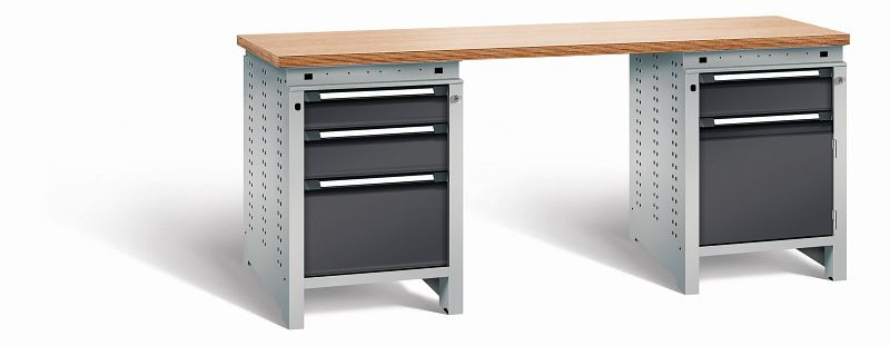 Otto Kind Werkbank Serie function Typ 303, Multiplexplatte 40 mm, bündig, 2x Unterbau + mittleres Feld, Gehäuse RAL 9006, Front RAL 9005, 07235813N