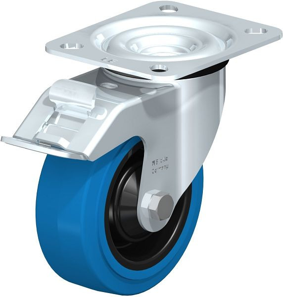 Blickle LE-POEV 100KD-FI-SB Stahlblech-Lenkrolle mit Anschraubplatte & Feststeller, Elastik-Vollgummi, Blau, 749590