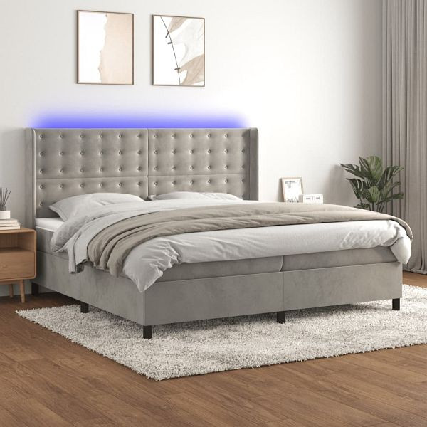 vidaXL Boxspringbett mit Matratze & LED Hellgrau 200x200 cm Samt, 3139823