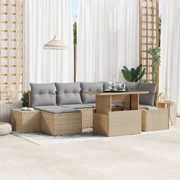 vidaXL Garten-Sofa-Set 7-teilig Beige Rattan Garten-Ecksofa Rechteckig, 3349216