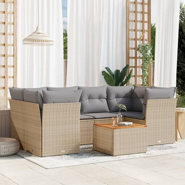 vidaXL 7-teilig Garten-Sofagarnitur mit Kissen Beige Poly Rattan, 3223497