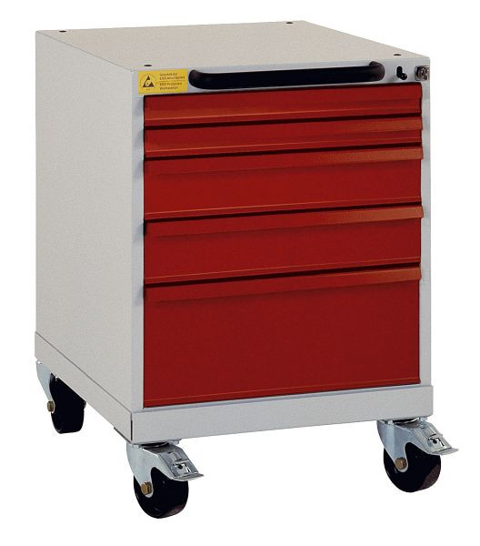 Manuflex ESD-Schubfachschrank BASETEC mobil, Nutzhöhe 500 mm mit 5 Schubfächern, Korpus lichtgrau leitfähig und Schubfächer brillantblau, LS1023.0002