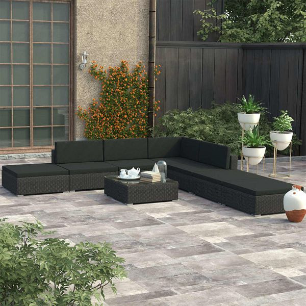 vidaXL 8-teilig Garten-Lounge-Set mit Auflagen Poly Rattan Schwarz, 46748