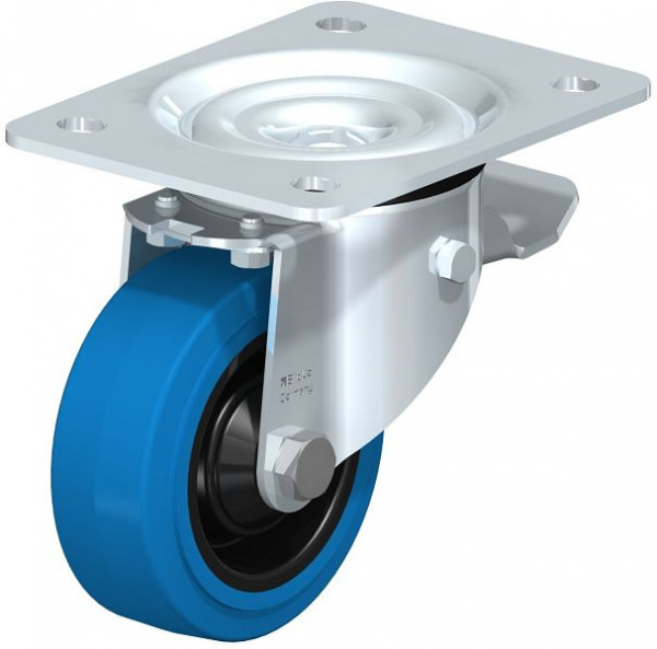 Blickle LK-POEV 100K-3-ST-SB Stahlblech-Lenkrolle, schwere Ausführung, mit Anschraubplatte & Feststeller, Elastik-Vollgummi, Blau, 746965