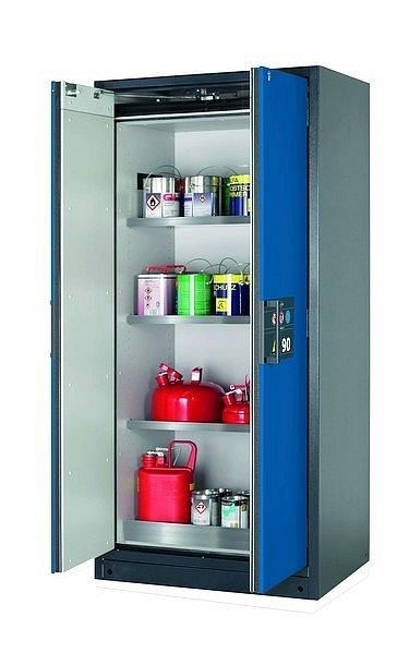 asecos Sicherheitsschrank Q-PEGASUS-90, Q90.195.090.WDAC in enzianblau RAL 5010 mit 3x Fachboden (Edelstahl), 30042-047-30047