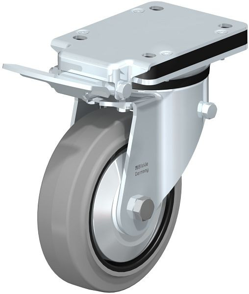 Blickle LK-POEV 160XKA-IS-SG-FA Stahlblech-Lenkrolle, mittelschwere Ausführung, mit Anschraubplatte & Feststeller, Elastik-Vollgummi, Grau, 851278