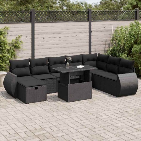 vidaXL 9-tlg. Garten-Sofagarnitur mit Kissen Schwarz Poly Rattan, 3327915