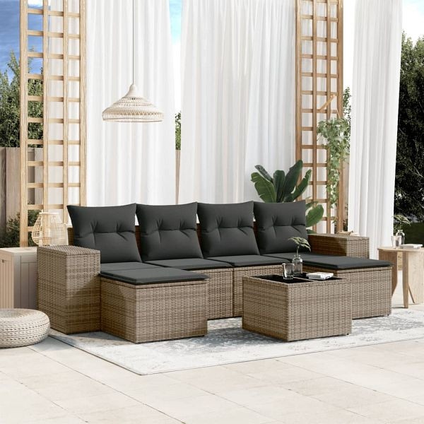 vidaXL 7-teilig Garten-Sofagarnitur mit Kissen Grau Poly Rattan, 3255267