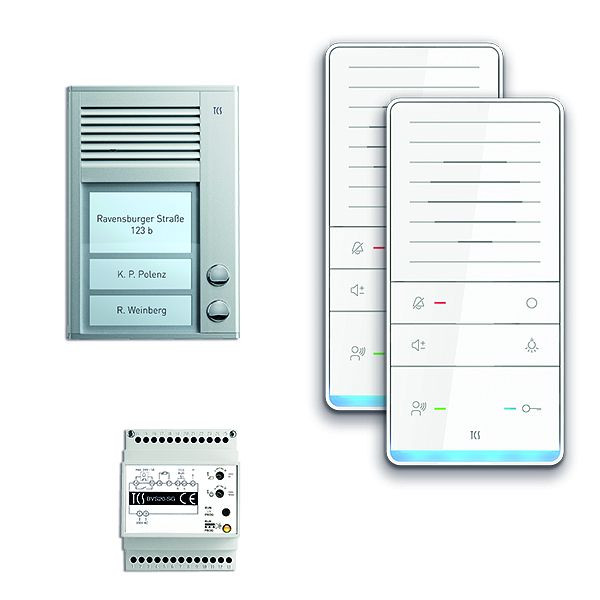 TCS Türkontrollsystem audio:pack AP für 2 Wohneinheiten, mit Außenstation PAK 2 Klingeltasten, 2x Freisprecher ISW5031, Steuergerät BVS20, PAAF021/001