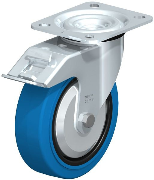 Blickle L-POEV 125R-FI-SB-FA Stahlblech-Lenkrolle, mittelschwere Ausführung, mit Anschraubplatte & Feststeller, Elastik-Vollgummi, Blau, 720839