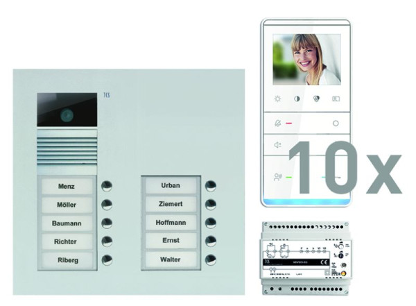 TCS Türkontrollsystem video:pack UP für 10 Wohneinheiten, mit Außenstation AVU 10 Klingeltasten, 10x Video Freisprecher IVW5111, Steuerung, PVU17100-0010