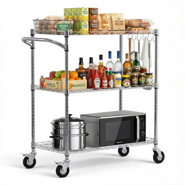 VEVOR Küchenwagen 3 Ebenen, bis 300 kg, Höhenverstellbare Ablagen, Metallregal auf Rollen, 890 x 453 x 1040 mm, GSCFTCDN3CGSC65UN001V0