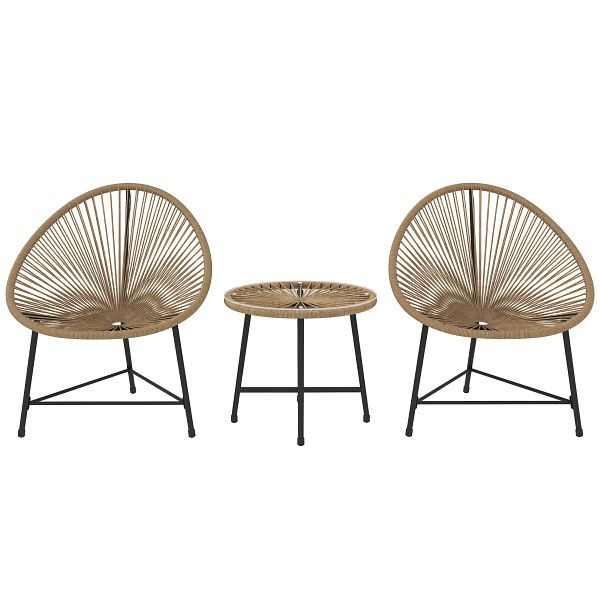 Outsunny 3-teiliges Gartenmöbel-Set, 2 Kunststoffrattan-Stühle, 1 Tisch mit Glasplatte, Stahlrahmen, Outdoor-Sitzmöbel, Naturholz, 863-176V00ND