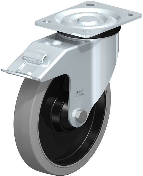 Blickle L-POEV 201K-FI-SG Stahlblech-Lenkrolle, mittelschwere Ausführung, mit Anschraubplatte & Feststeller, Elastik-Vollgummi, Grau, 850715