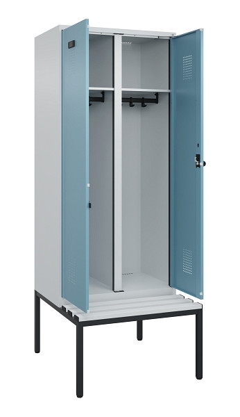 C+P Schwarz-Weiß-Spind Evolo PLUS, Bank, 2 Abteile, 2120x800x815mm, 7035/0010, Drehriegel, Sitzfläche Kunststoff, Sitzbank, 0490527-22 S10063