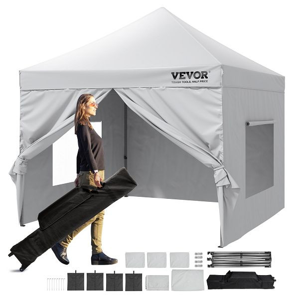 VEVOR Pavillon 304,8x304,8x320cm 500D PU-Silber-Gewebe höhenverstellbar inkl. Aufbewahrungstasche 6-8 Personen Weiß für Campingausflug, DCSYPBS1010FTGMH8V0