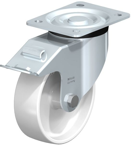 Blickle L-PPN 150G-FI Stahlblech-Lenkrolle, mittelschwere Ausführung, mit Anschraubplatte & Feststeller, Polypropylen, Weiß, 762806