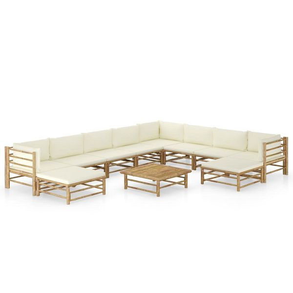 vidaXL 11-teilig Garten-Lounge-Set mit Cremeweißen Kissen Bambus, 3058223