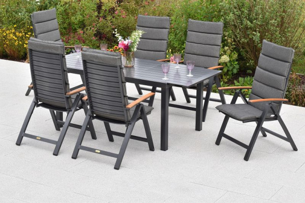 Merxx Astros Set 13-teilig, 6 Astros Klappsessel, Armlehnen mit Akazienholz, 6 Auflagen, uni grau, 1 Ausziehtisch, 150 (200) x 90 cm, 50983-800