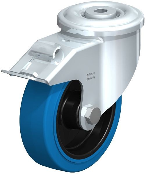 Blickle LKR-POEV 125R-FI-SB Stahlblech-Lenkrolle, schwere Ausführung, mit Rückenloch & Feststeller, Elastik-Vollgummi, Blau, 758837
