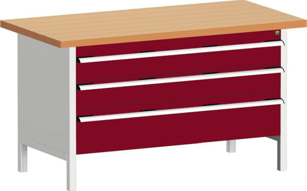 bott cubio Kastenwerkbank mit 3 Schubladen Rotbuche-Arbeitsplatte BxTxH: 1500 x 750 x 840 mm, RAL 7035/3004, 41002168.24V
