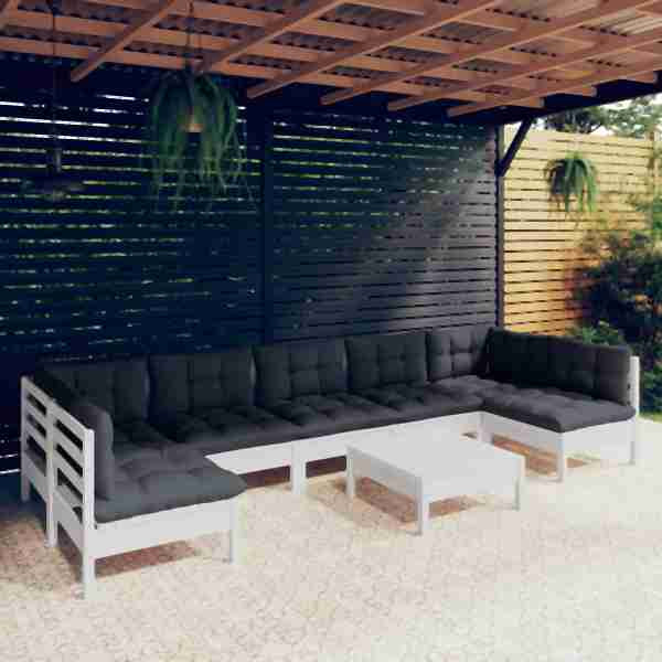 vidaXL 8-tlg. Garten-Lounge-Set mit Kissen Weiß Kiefer Massivholz, 3097170