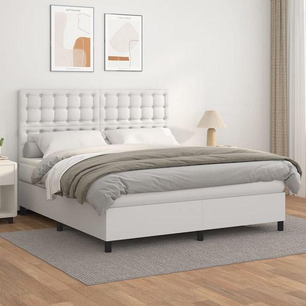vidaXL Boxspringbett mit Matratze Weiß 180x200 cm Kunstleder, 3142858