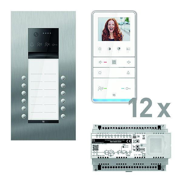 TCS Türkontrollsystem video: pack PRO 12WE Außenstation AVU 12T UP 12x Freisprecher IVW6511 Steuergerät, PVUF122/001