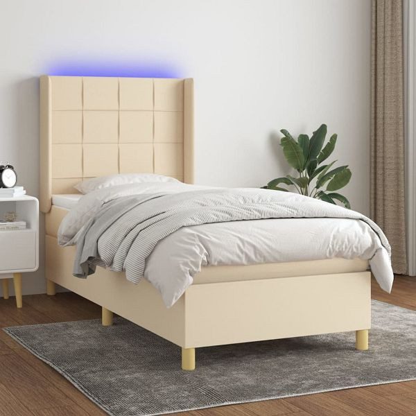 vidaXL Boxspringbett mit Matratze & LED Creme 90x190 cm Stoff, 3138842