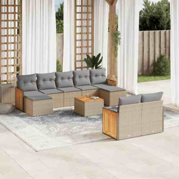 vidaXL 10-tlg. Garten-Sofagarnitur mit Kissen Beige Poly Rattan, UV-beständig, 3260491