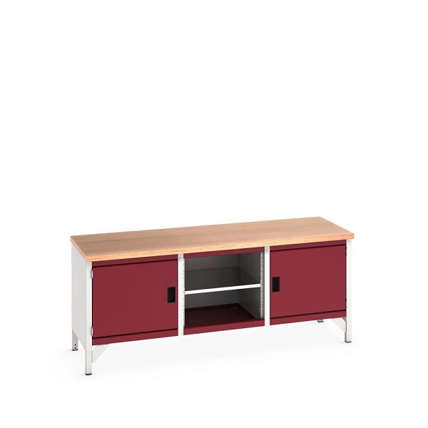 bott cubio Kastenwerkbank, 2 Türen, 3 Ablagen, Multiplex-Arbeitsplatte, BxTxH: 2000x750x840mm, RAL 7035/3004, Purpurrot, 41002049.24V