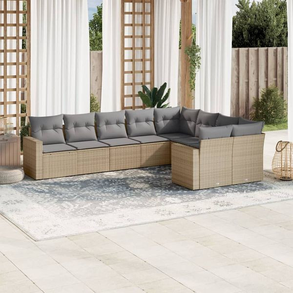 vidaXL 9-teilig Garten-Sofagarnitur mit Kissen Beige Poly Rattan, 3219429