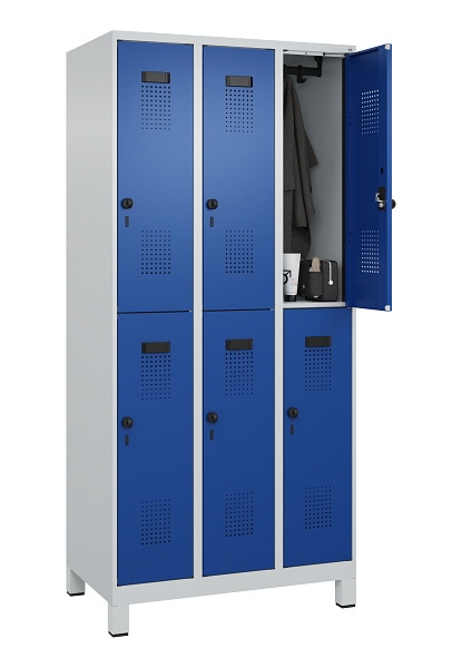 C+P Doppelstöckiger Spind Evolo PLUS, mit Füßen, 6 Fächer, 1950x900x500mm, 7035, Frontfarbe RAL 5010 Enzianblau, Drehriegel, 049310-30 S10006