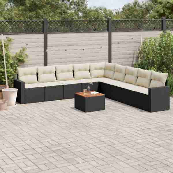 vidaXL 10-tlg. Garten-Sofagarnitur mit Kissen Schwarz Poly Rattan, UV-beständig, 3224166