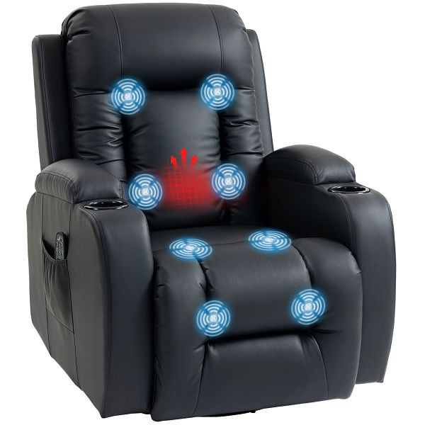 HOMCOM Massagesessel mit Wipp-, Liege- & Wärmefunktion, 3 Modi, drehbar, Schwarz, 700-050V94BK