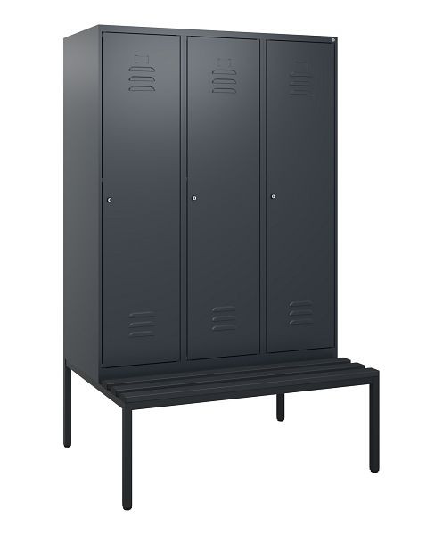 C+P Umkleidespind Classic PLUS, mit untergebauter Sitzbank, 3 Abteile, 1950x1200x815mm, 7016/7016, Zylinderschlösser, 0800505-32 S10057