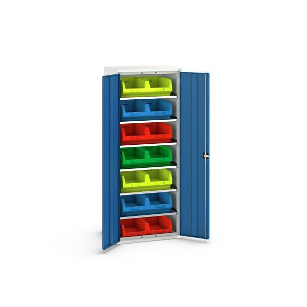 bott verso Magazinschrank, mit 6 Fachböden und 14 Sichtlagerkästen, BxTxH: 800 x 550 x 2000 mm, Lichtgrau / Enzianblau, 16926451.11
