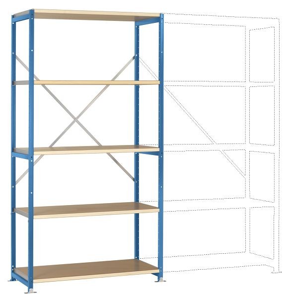 Manuflex Mittelschweres Fachboden-Steckregal Grundregal mit 5 Holzverbundböden, HxBxT = 2000 x 1030 x 400 mm, brillantblau, RP1006.5007