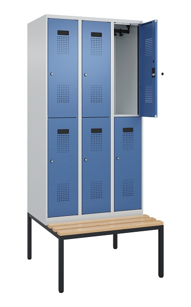 C+P Doppelstock-Spind Evolo PLUS, Bank, 6 Fächer, 2120x900x815mm, 7035/5023, Zylinderschloss, Sitzfläche Buche-Hartholz, Sitzbank, 0493507-30 S10035