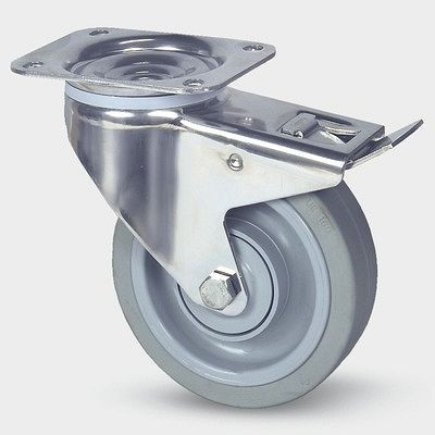 TENTE-ROLLEN Lenkrolle mit Feststeller, Rad-Ø 160 mm, Tragfähigkeit 300 kg, Bauhöhe 200 mm, A 64 Shore, Plattenbefestigung, 8477UFX160P63