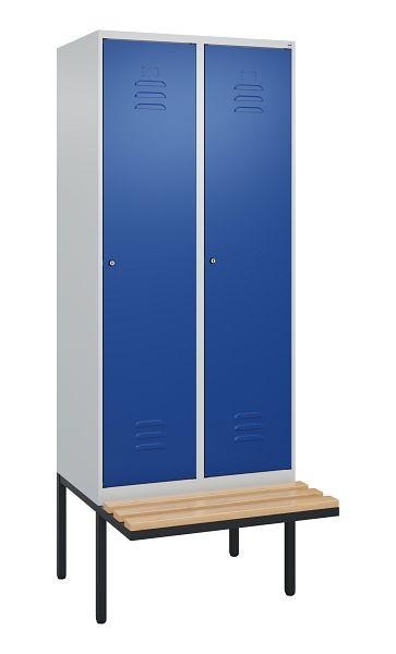 C+P Umkleidespind Classic PLUS, 2 Abteile, 2120x800x815mm, 7035/5010, Zylinderschlösser, Buche-Sitzleisten, je 2 Doppel-Haken, 0800407-22F S10047