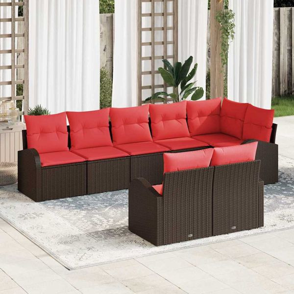 vidaXL Gartensofa-set mit Kissen 8-teilig Braun und Rot Poly-Rattan, 3354763