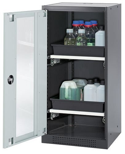asecos Chemikalienschrank Systema-T CS-52LG, Korpus anthrazit, Flügeltüren grau, 2 Tablarauszüge, 208671