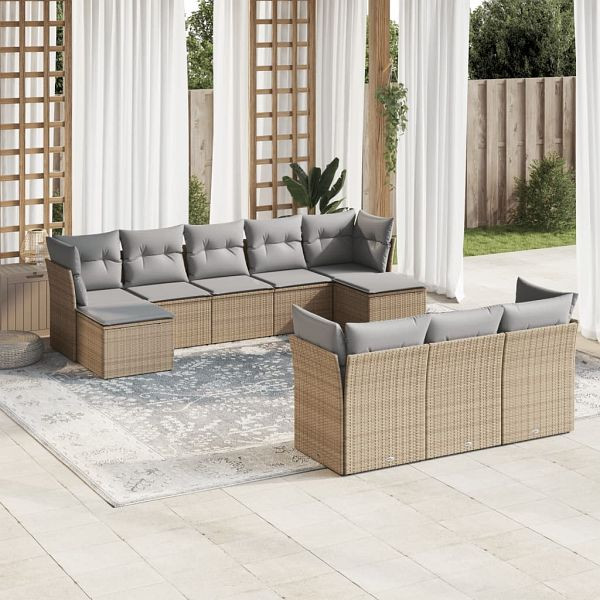 vidaXL 10-teilig Garten-Sofagarnitur mit Kissen Beige Poly Rattan, 3218329