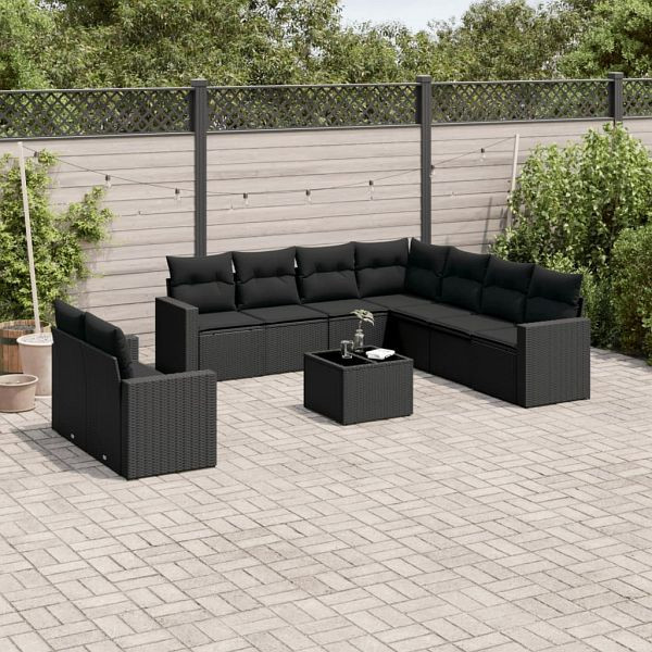vidaXL 10-tlg. Garten-Sofagarnitur mit Kissen Schwarz Poly Rattan, 3219145