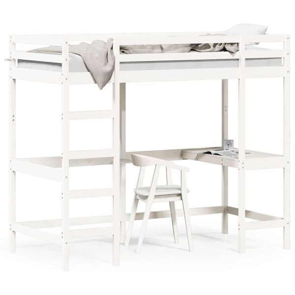 vidaXL Hochbett mit Schreibtisch Weiß 90x190 cm Massivholz Kiefer, 842859
