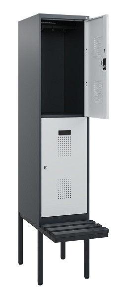 C+P Doppelstock-Spind Evolo PLUS, Bank, 2 Fächer, 1950x400x815mm, 7016/7035, Zylinderschloss, Sitzfläche Kunststoff, 0493405-12 S10150